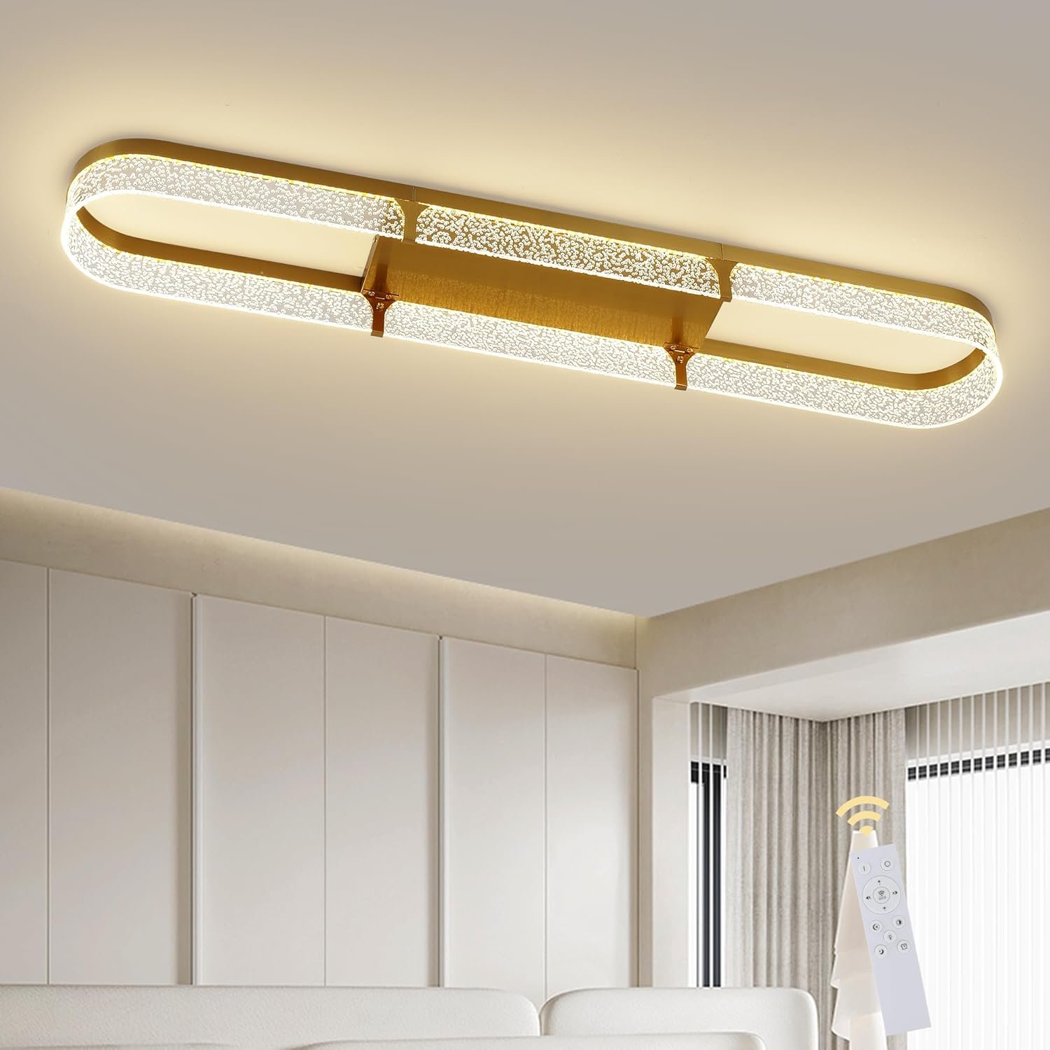 Jaycomey 43 inch Modern LED Ceiling Light Fixture, 54W Dimmable Gold Flush Mount Ceiling Light with Acrylic Bubble, Adjustable 3000K-6500K Kitchen Light Fixtures for Dining Room Bedroom