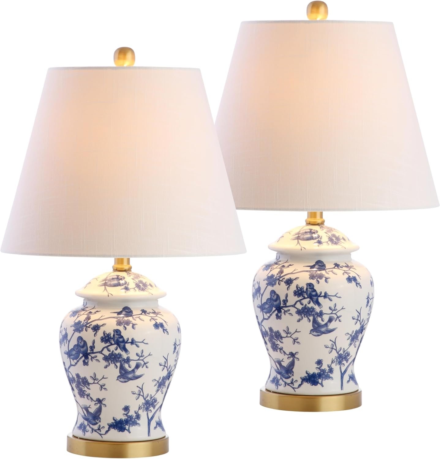 JONATHAN Y 22″ Blue/White Ceramic Table Lamp, French Country Chinoiserie Ginger Jar LED Bedside Lamp for Living Room Bedroom, White Linen Shade (JYL3005A-SET2)
