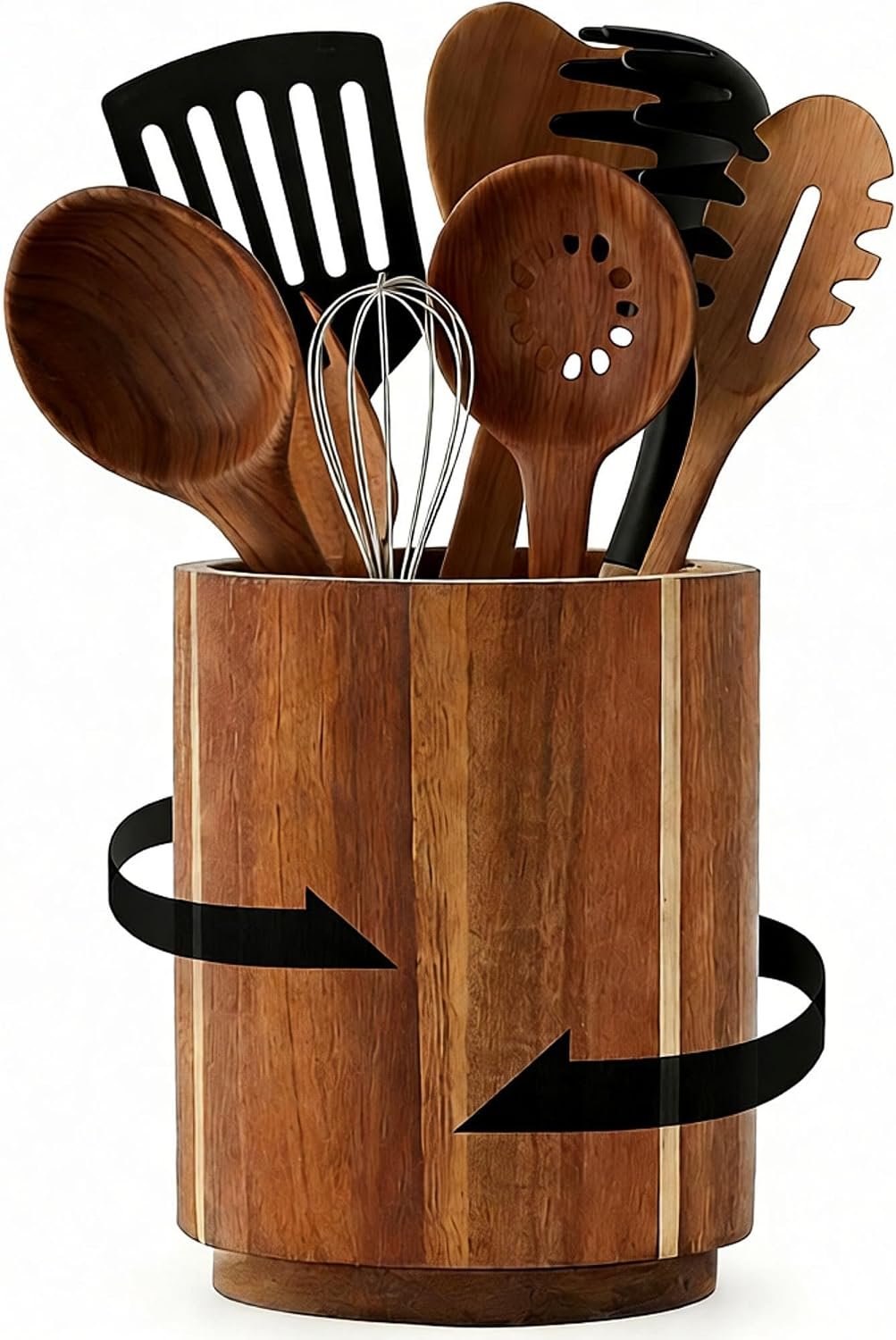 Acacia Wood Utensil Holder – 360° Rotating Countertop Organizer with Non-Slip Base, Large Capacity Kitchen Utensil Crock for Spatula, Spoon & Cooking Tools