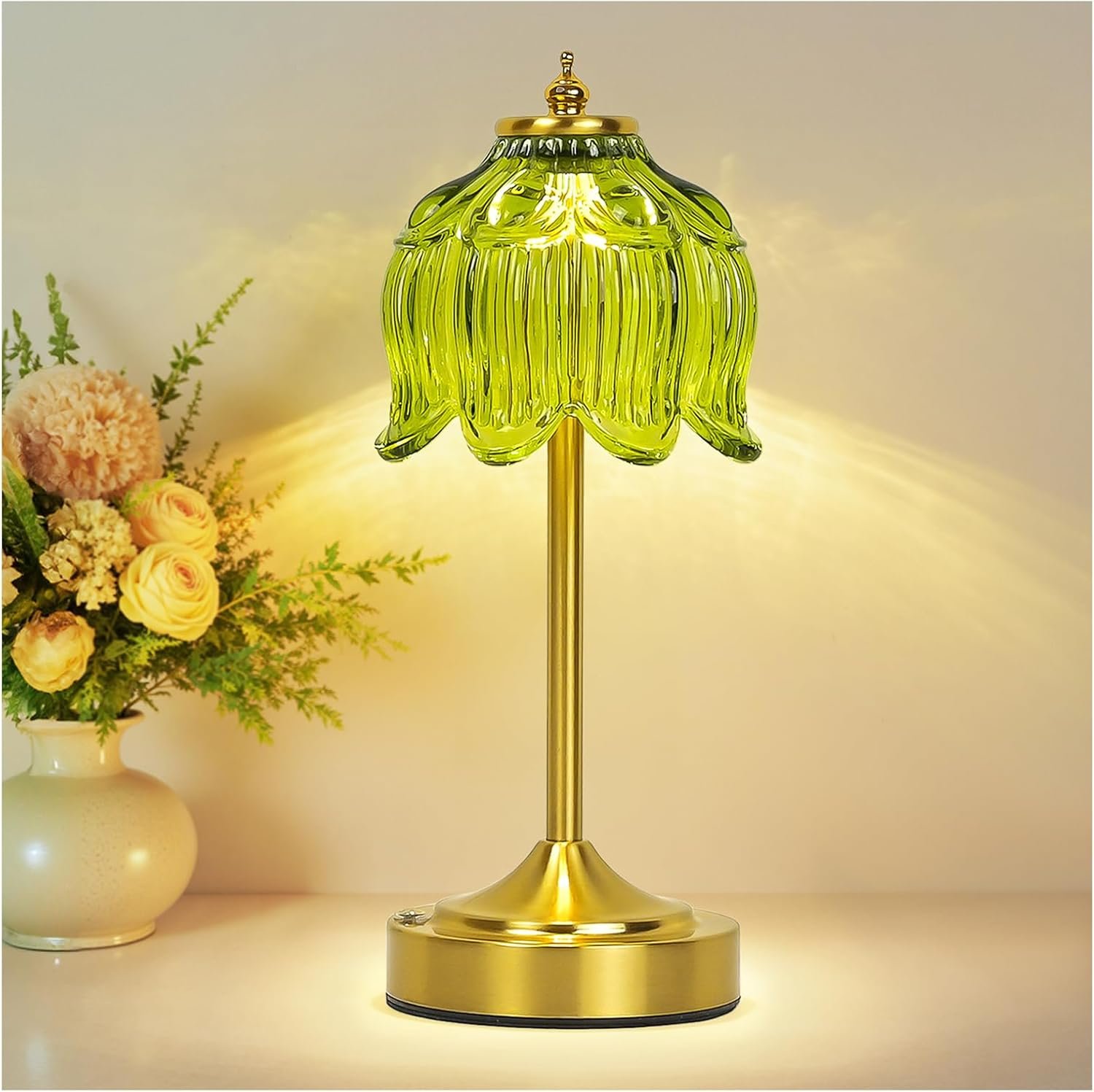 Cordless Lotus Flower Table Lamp, 5200mAh Rechargeable Battery Operated Portable Lamp, 3-Color Dimmable Touch Control Small Desk Lamp for Bedroom, Office, Kitchen, Nightstand,Room Decor(Green)