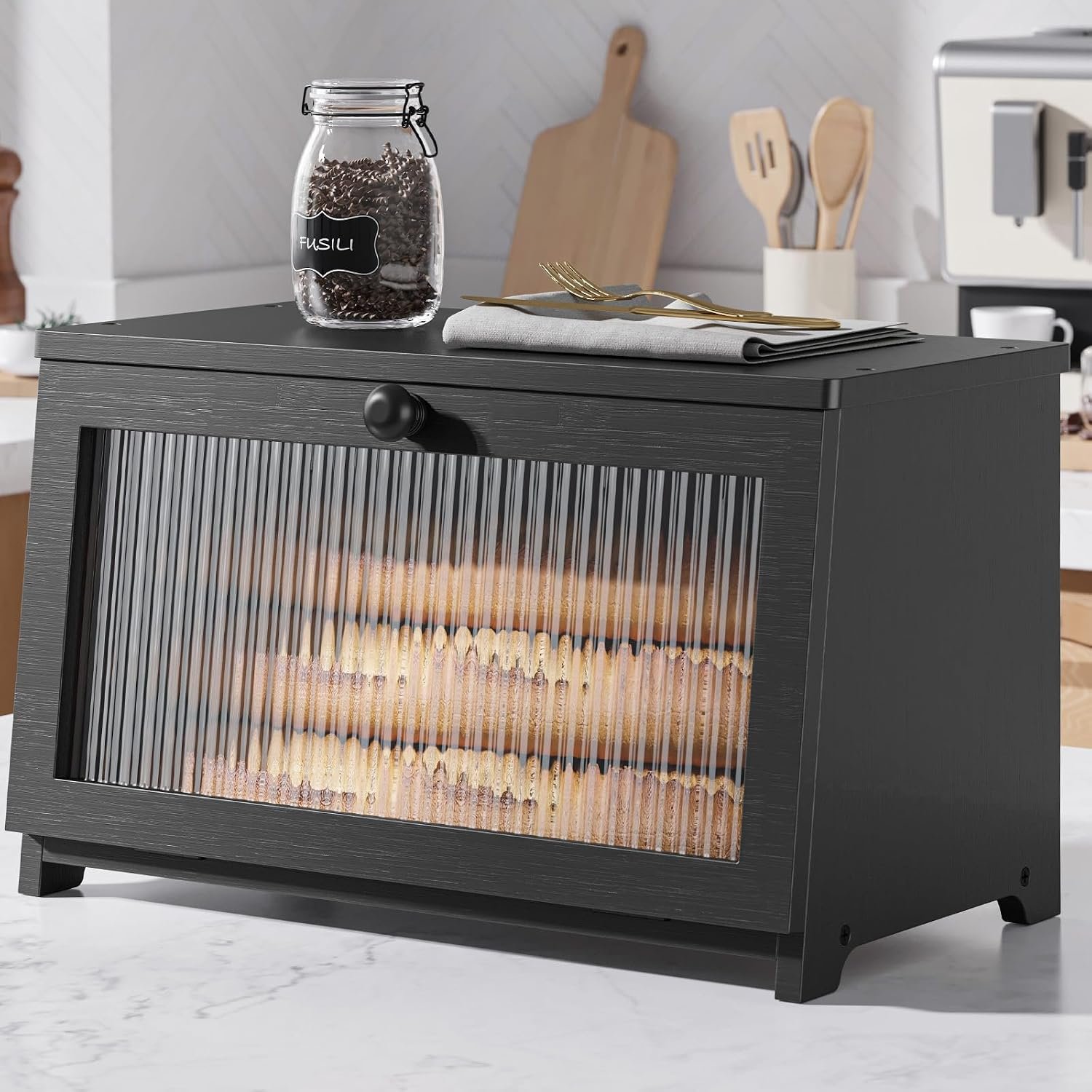 Kitsure Bread Box – Wooden Bread Box for Kitchen Countertop, Large Capacity Kitchen Countertop Organizer, Stylish Bread Storage with Window, Multi-functional Container, Black, 1-Tier