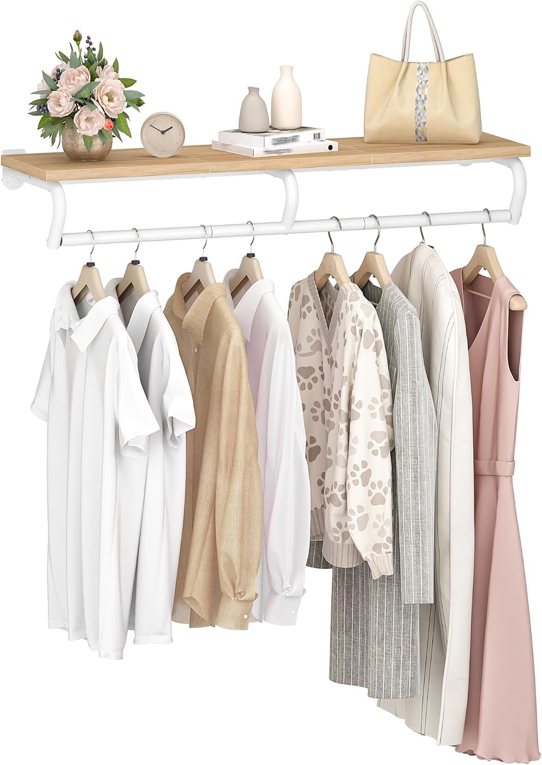 CHOEZON Wall Mounted Clothes Rack, Metal Garment Rack with Top Shelf, Laundry Storage Shelf with Hanging Rod, for Laundry Room, Bedroom, Entryway and Storage Room, Natural and White TYM02NW