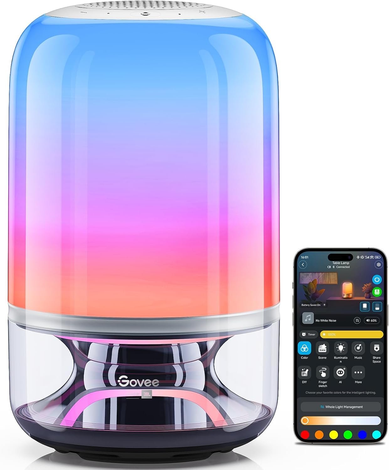 Govee Table Lamp 2 Pro x Sound by JBL, Smart Cordless Table Lamp with Speaker, Music-Light Sync, 16 Music Modes & 100+ Scene Modes, Work with Matter, DIY Customized Rechargeable Desk Lamp for Bedroom