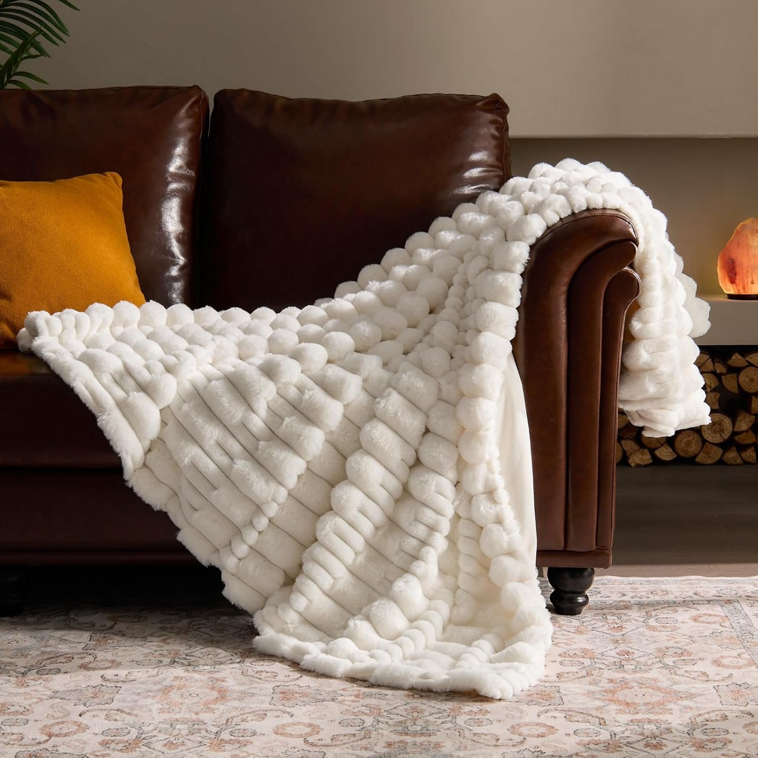 BEDELITE Faux Fur Cream Throw Blanket for Couch – Super Soft & Cozy Plush Striped Blanket for Sofa and Room Decor, Luxury Fluffy All-Season Blankets Gift for Women, Men, Mom, Dad, 50×60 inch, Cream
