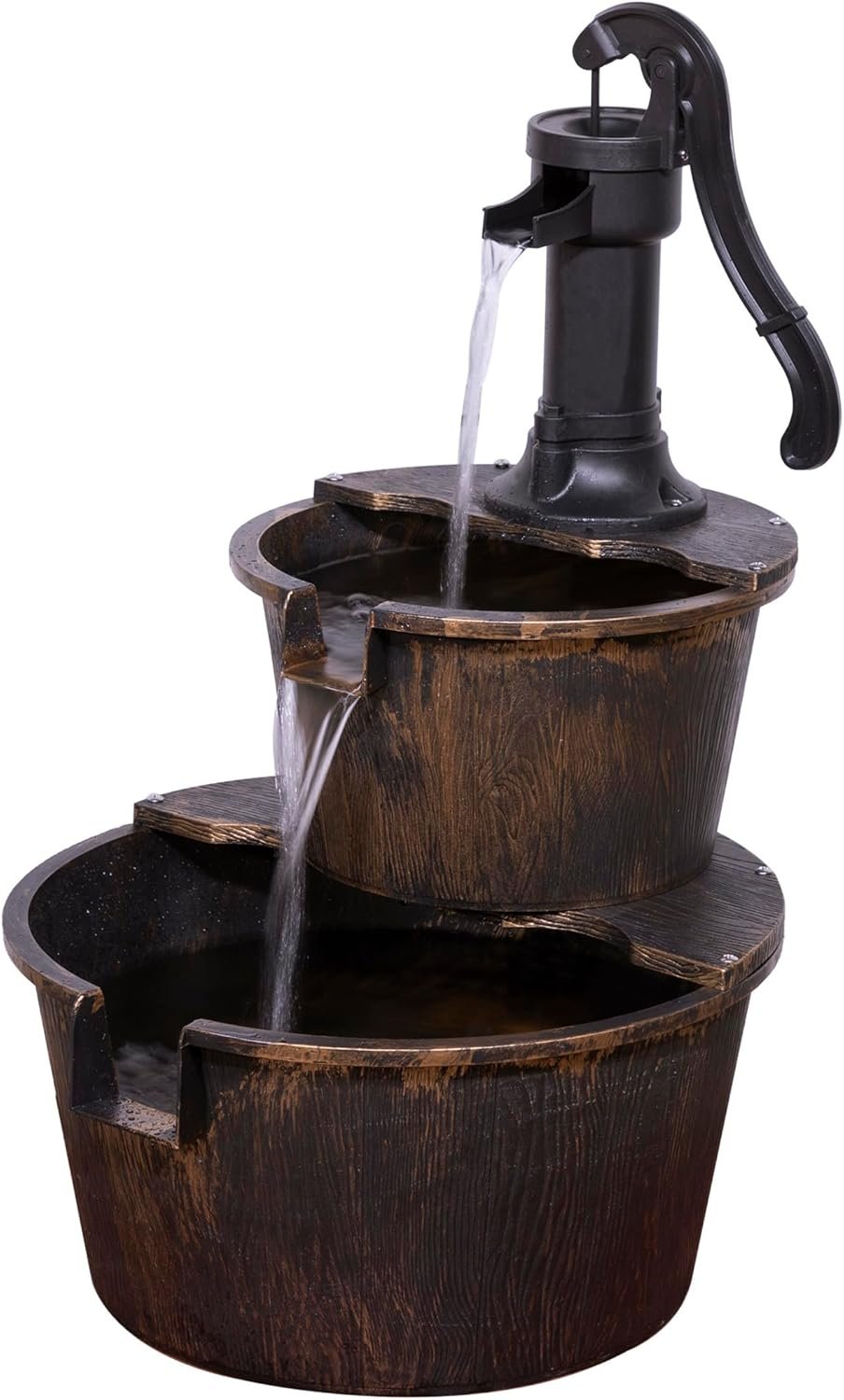 Alpine Corporation 27″ Tall Rustic Outdoor 2-Tier Barrel Pump Water Fountain with Soothing Cascading Water Flow for Patio, Yard, Porch, or Landscape, Bronze