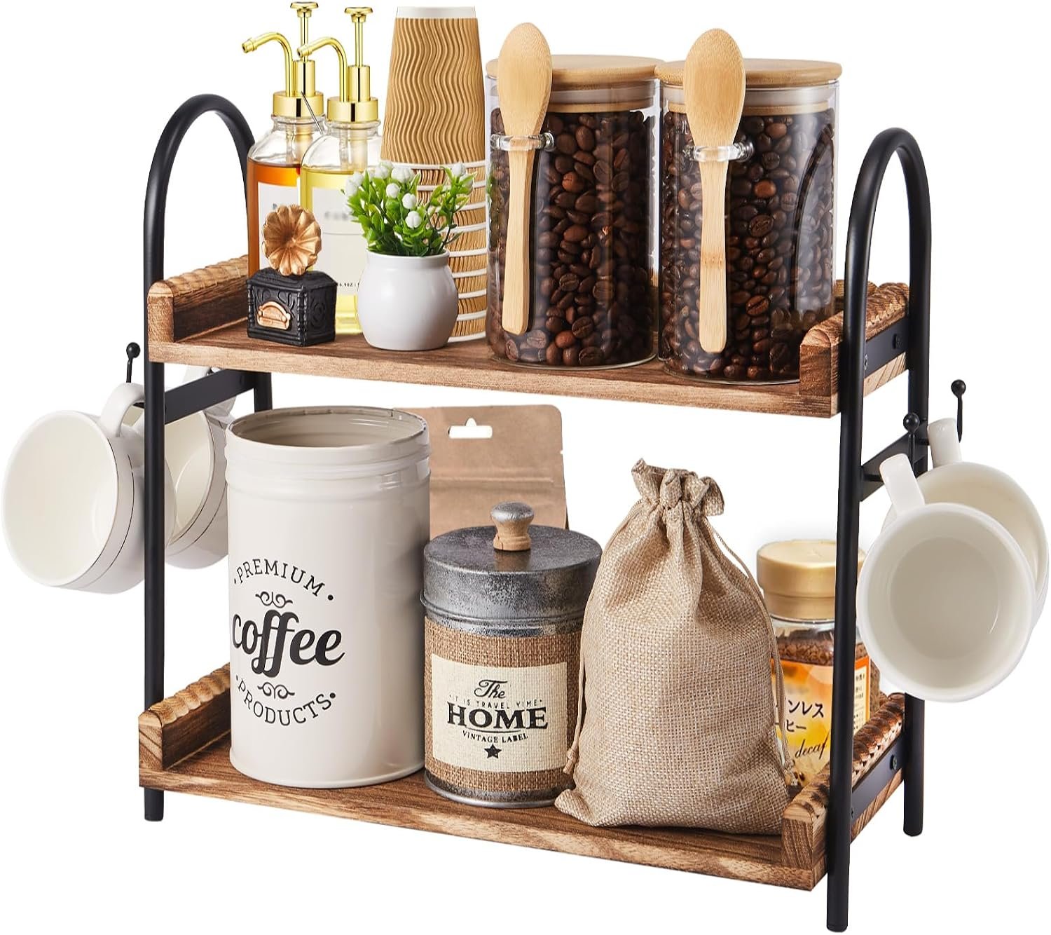 BDBDYEAY Coffee Bar Accessories, 2-Tier Coffee Bar Organizer with 4 Coffee Cup Holder Hooks, Mul-tifunctional Wooden Beaded Coffee Station Countertop Stand Shelf for Kitchen Home Office