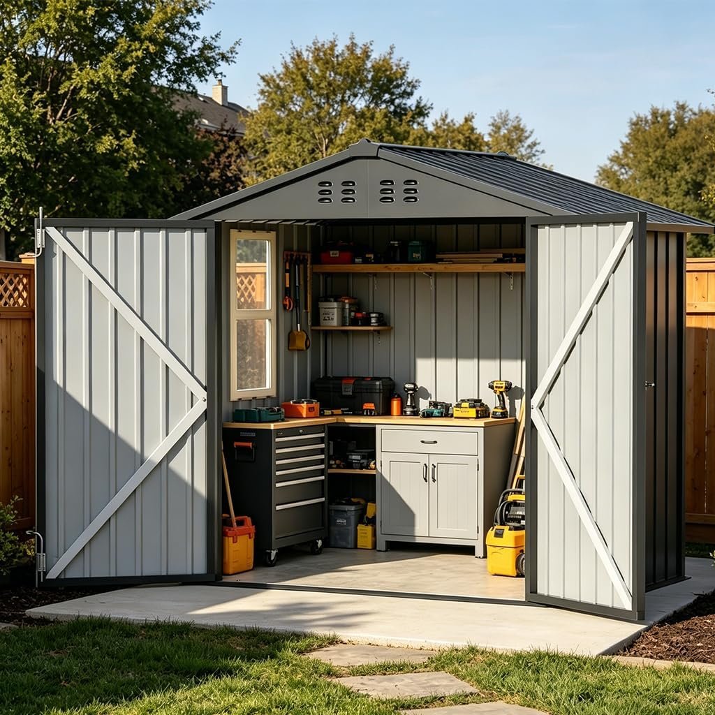 COMHOMA Outdoor Storage Shed with Window,Metal Lockable Garden Toolhouse, Ventilated Weather-Resistant Backyard Utility Workshop for Storage(Light Grey,6x4ft)