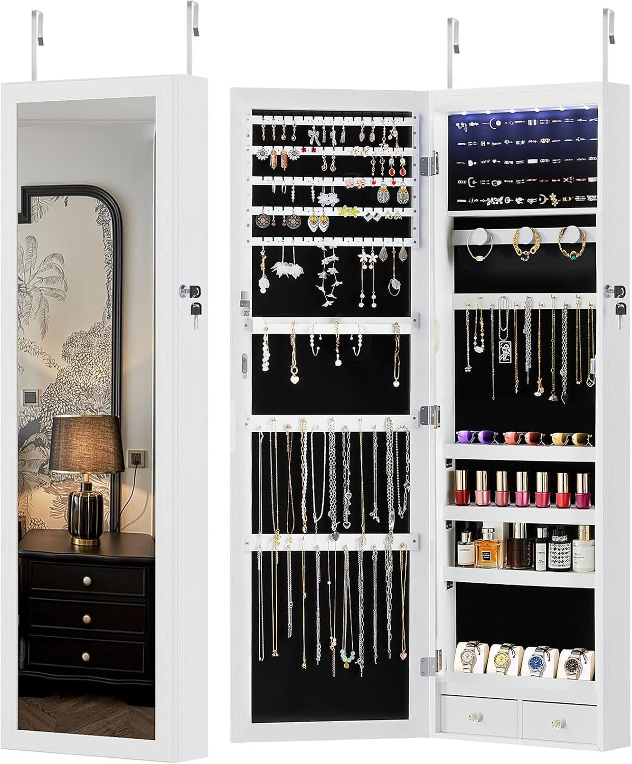 DUMOS 6 LEDs Mirror Jewelry Cabinet, Wall or Door Mounted Jewelry Organizer, 47.2-Inch Tall Lockable Large Capacity Cosmetic Storage, Gift Idea, White