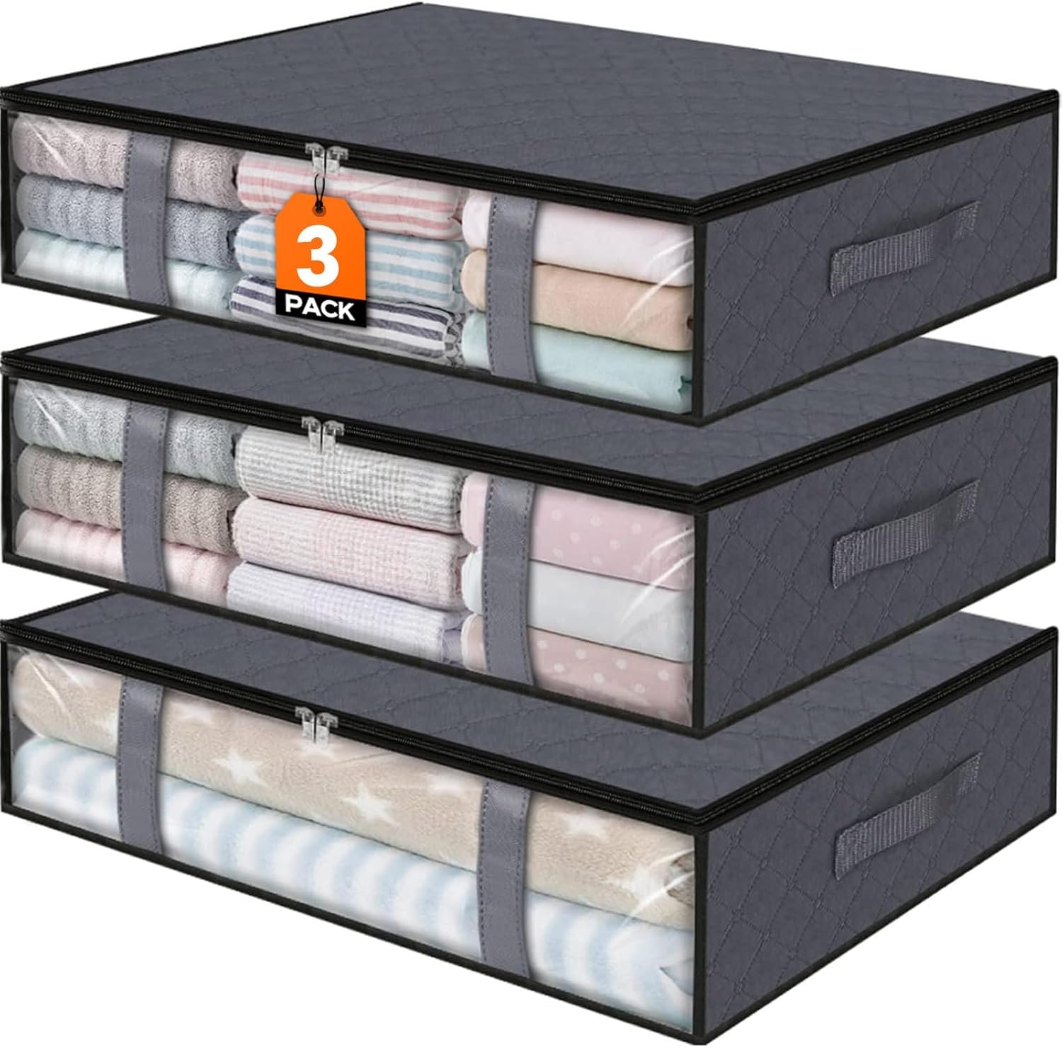 StorageRight Under Bed Storage Bags 3 Pack, 40L Large Clothes & Comforter Storage Containers with Clear Window, Breathable Fabric Organizer for Blankets, Bedding, Seasonal Clothing