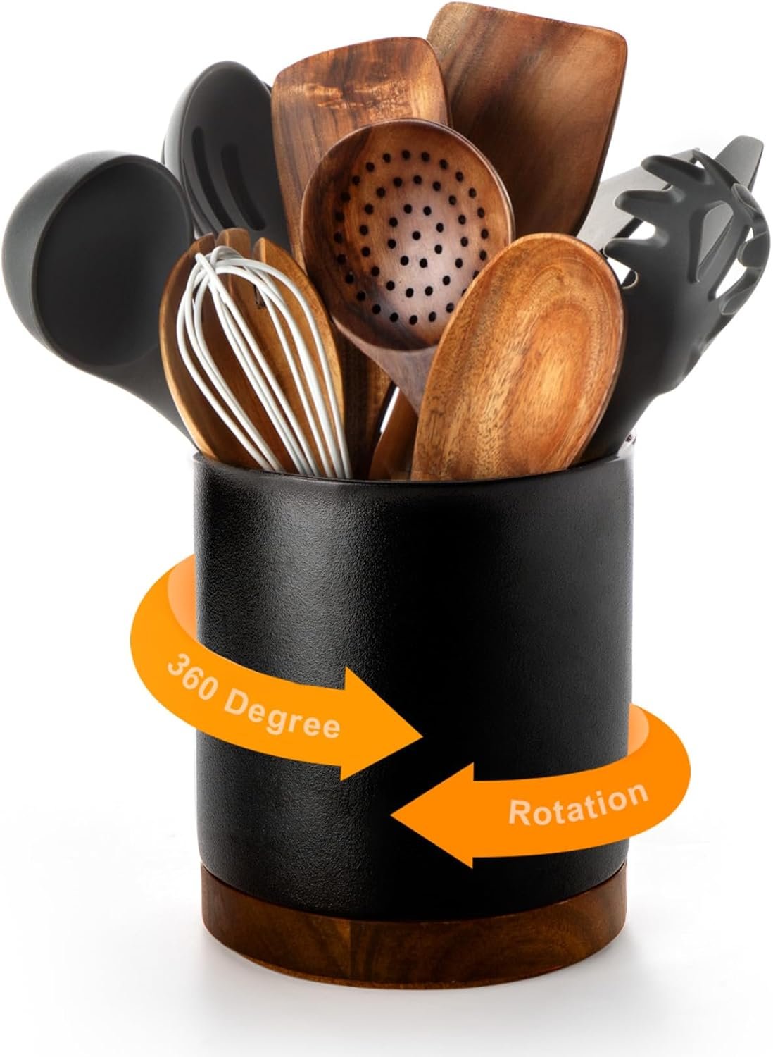 Nucookery 360°Rotating Utensil Holder, 7.2″ Large Utensil Crock Countertop, Black Ceramic Cooking Utensil Organizer,Spatula Spoon Holder,Farmhouse Kitchen Decor Christmas Gift (Stone Black)
