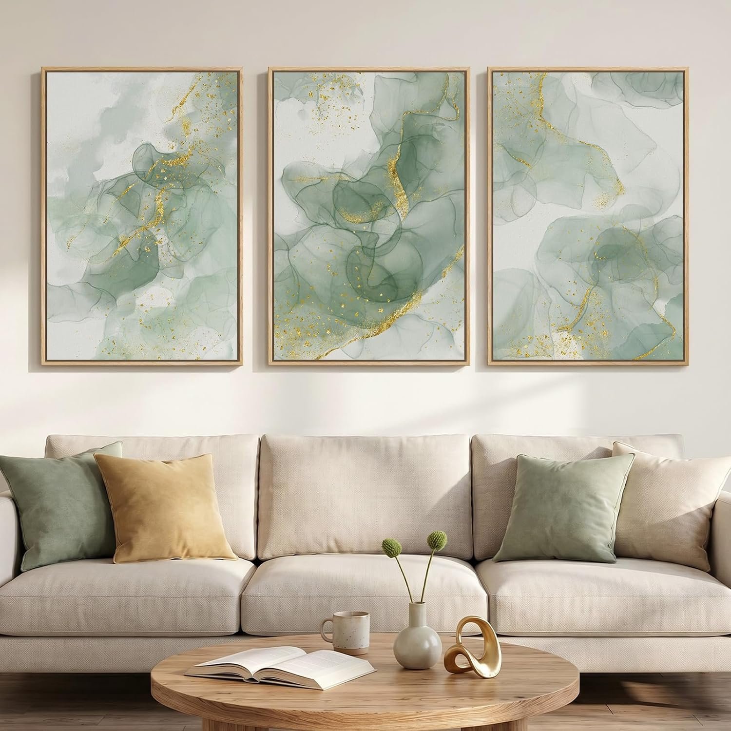 Large Framed Sage Green Abstract Wall Art for Living Room, 3 Piece Green and Gold Canvas Prints Paintings Artwork for Walls, Modern Minimalist Pictures for Hallway Stair Office Wall Decor 24×36 In