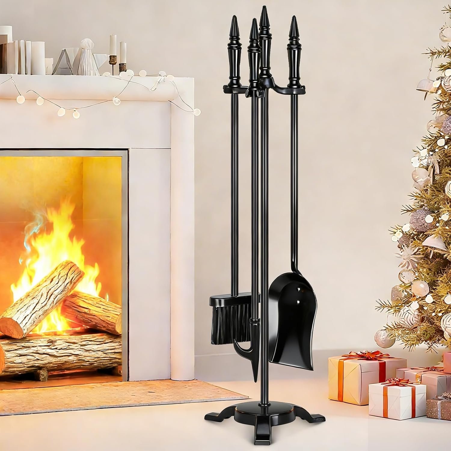 FEED GARDEN 4-Piece Fireplace Tool Set – 31” Wrought Iron Fire Tools with Poker, Shovel, Brush & Stand – Indoor/Outdoor