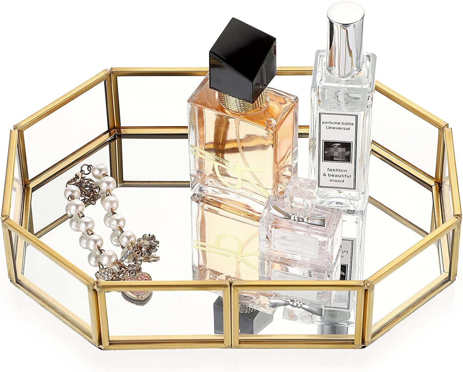 Hipiwe Mirror Glass Vanity Tray – Gold Ornate Makeup Tray Vintage Octagonal Perfume Tray Dresser Trays Jewelry Trinket Organizer for Bathroom Storage Trays for Home Decor