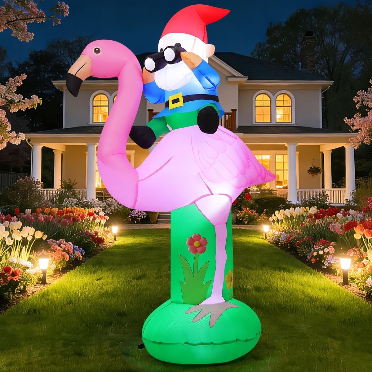GOOSH 6 FT Spring Summer Inflatable Flamingo Outdoor Decoration Blow Up Yard with Gnomes Built-in LEDs for Indoor Hawaiian Party Garden Lawn Decor