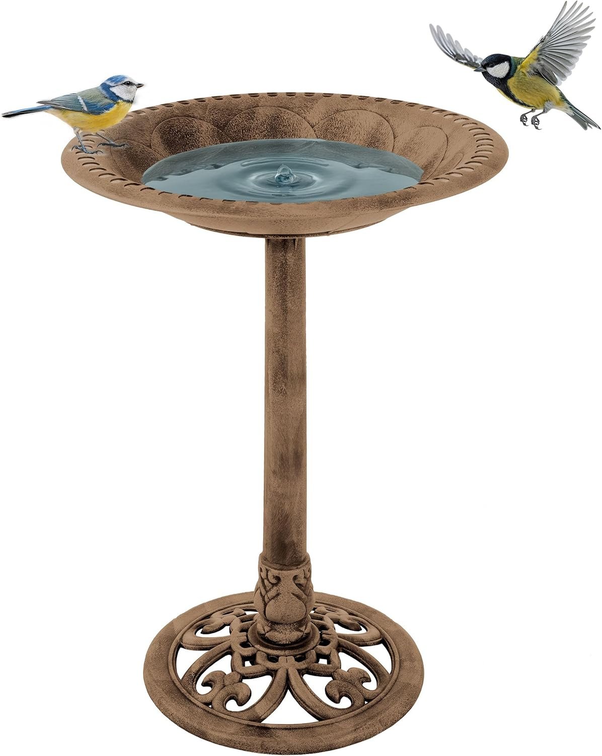 Pure Garden 50-LG1074 Antique Bird Bath-Weather Resistant Resin Birdbath with Vintage Scroll Design, 3 Ground Stakes for Garden, Outdoor Decor (Bronze)