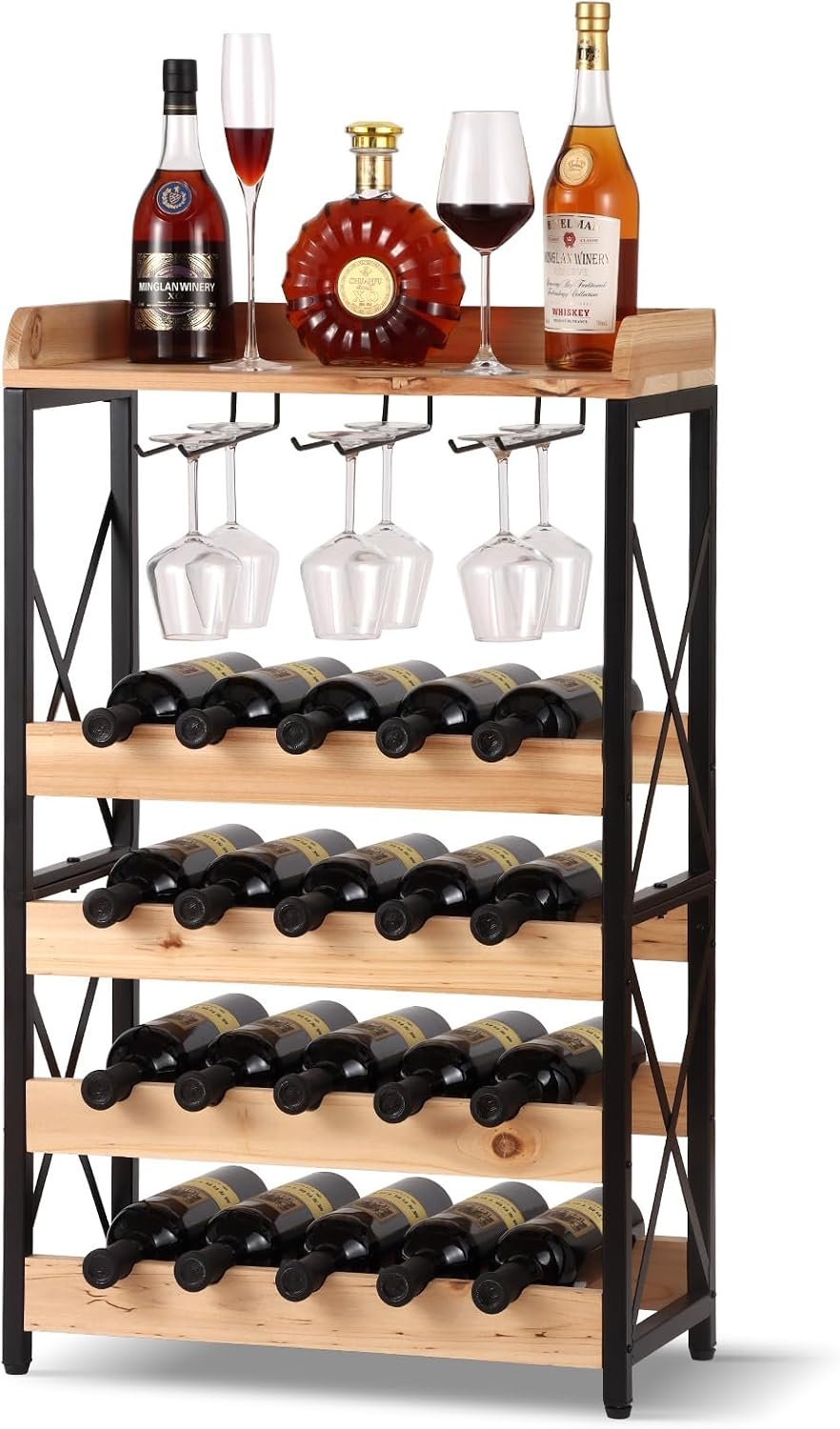 Morden Wood Wine Rack Freestanding Floor, 5-Tier Wine Storage Shelf with Wobble-Free Countertop, 20-Bottle Stackable Wine Glass Holder Rack for Home Bar Kitchen Dining Room (Wood, Wine Rack)
