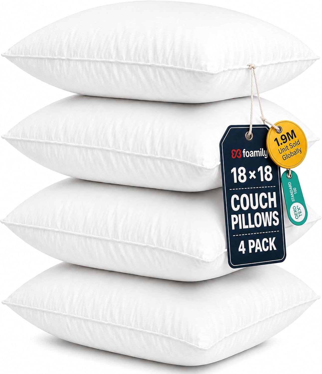 Foamily Couch Pillows Inserts 18×18 (Set of 4) Premium Decorative Pillows for Couch, Bed & Living Room, Soft Fluffy Throw Pillow Inserts for Home Décor