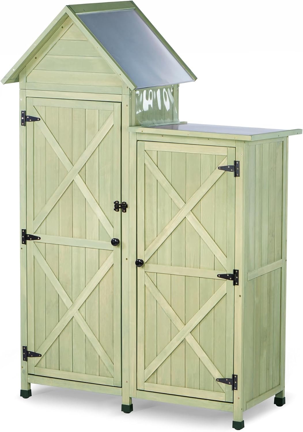 Outdoor Storage Cabinet – Waterproof Metal Roof & Wooden Vertical Design, Tall Garden Tool Shed with Multiple Shelves for Patio, Backyard, Lawn, Yard (Green, 22″ x 46″ x 67″)
