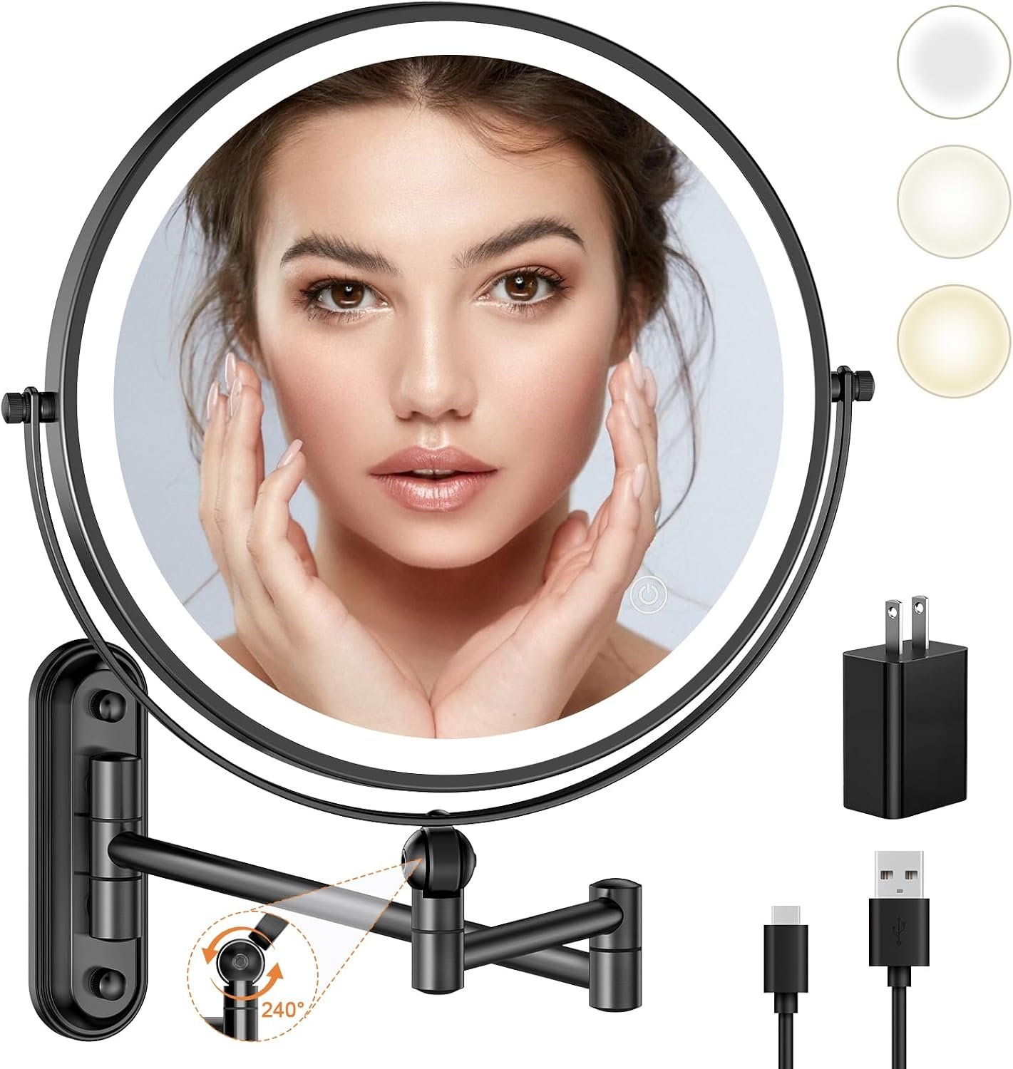 9″ Wall Mounted Makeup Lighted Mirror, 4000mAh Rechargeable Double Sided LED Vanity Mirror with Height Adjustable&1X/10X Magnification, 3 Color Lights Touch Screen Dimmable 360°Swivel Bathroom Mirror