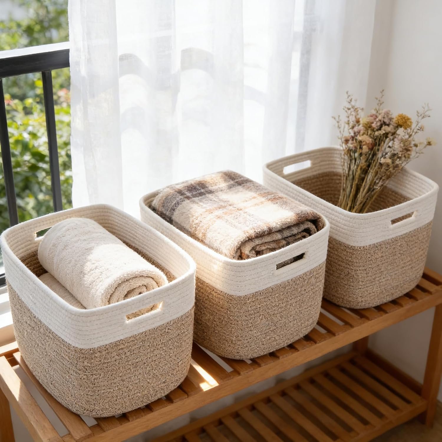 3 Pack Woven Rope Storage Baskets for Shelves,13.5″×11″×9.5″ Storage Bins with Handles,Empty Gift Baskets,Nursery Organizer for Toys,Towels,Books,Closet,Living Room,Bedroom (White & Brown)