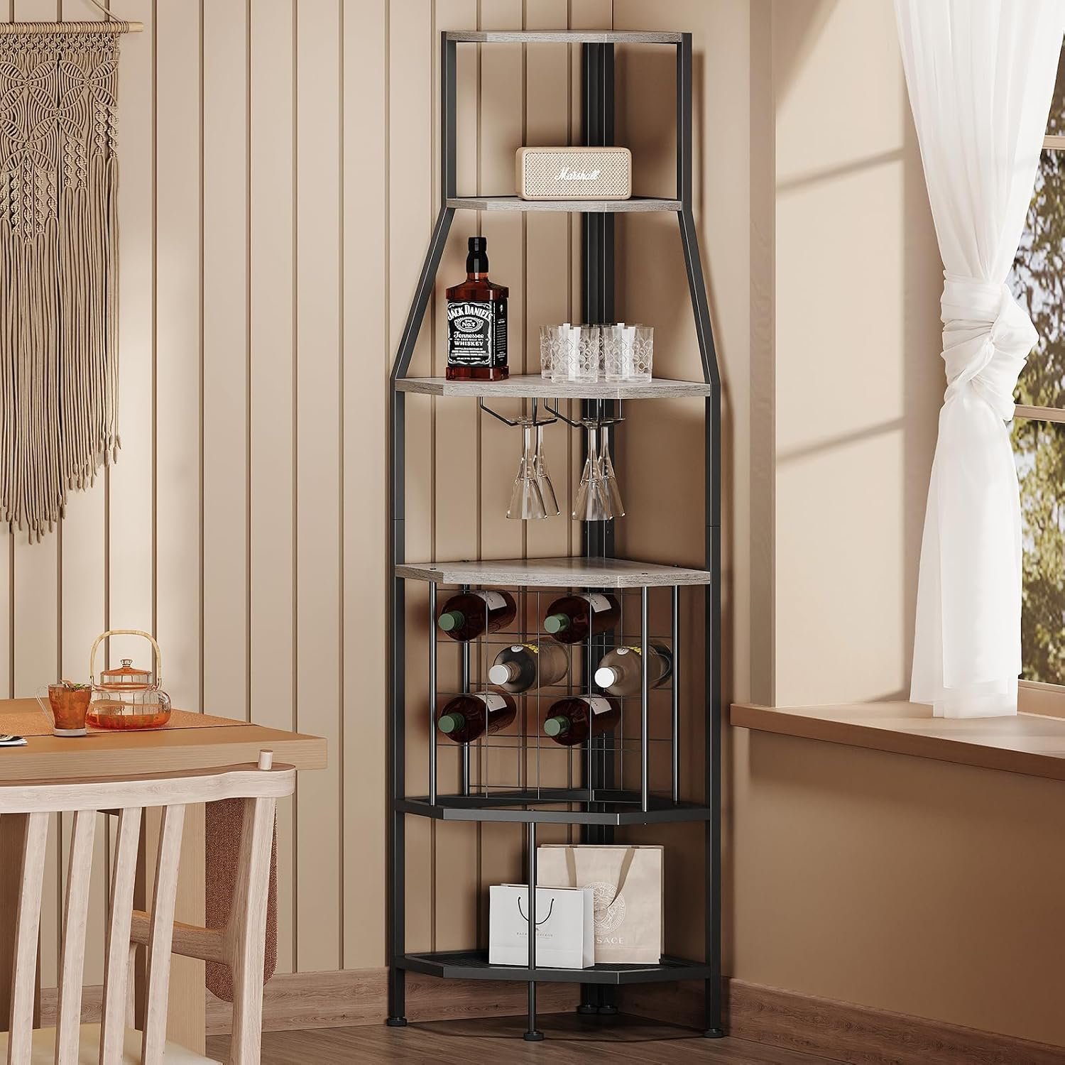 Espelism 5-Tier Corner Wine Rack Floorstanding with Glass Holder and Bottles Wine Storage Home Bar Furniture for Home Kitchen Dining Room Industrial Metal and Wooden Corner Shelf