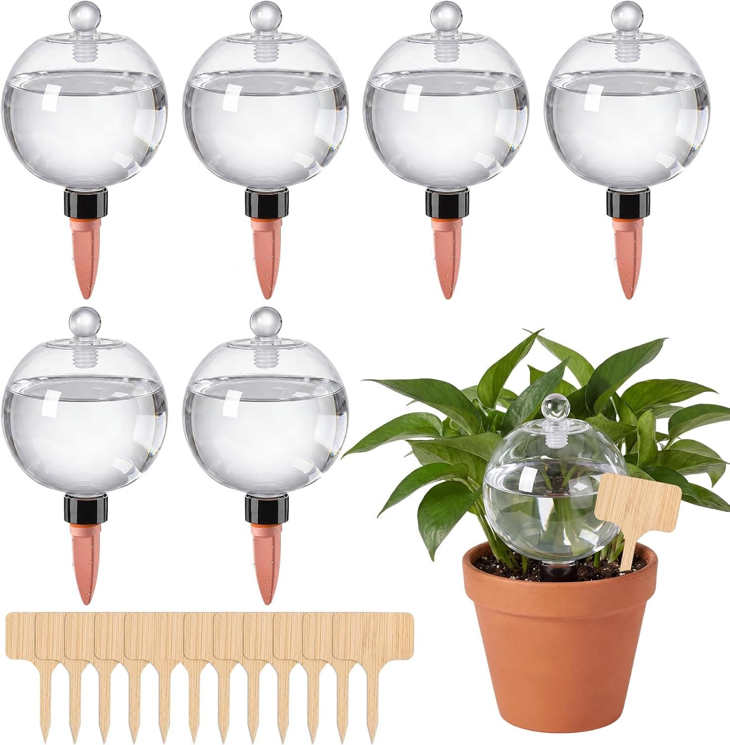 Zhehao 6 Pack Self Watering Globes with Plant Labels, 17 oz Top Fill Self Water Planter Insert Slow Release Automatic Water Bulbs Plastic Plant Watering Devices System with Terracotta Spike Stakes