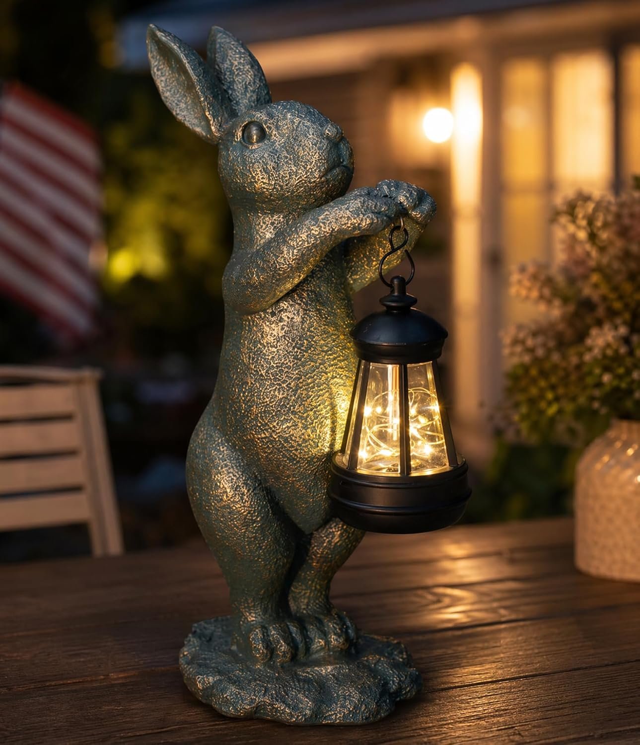 C&Y&G&X Garden Statue Rabbit with Solar Lantern – Outdoor Bunny Figurine Decor with LED Lights, Weather-Resistant Resin Animal Yard Art Sculpture for Patio, Lawn, Pathway, and Housewarming Gift
