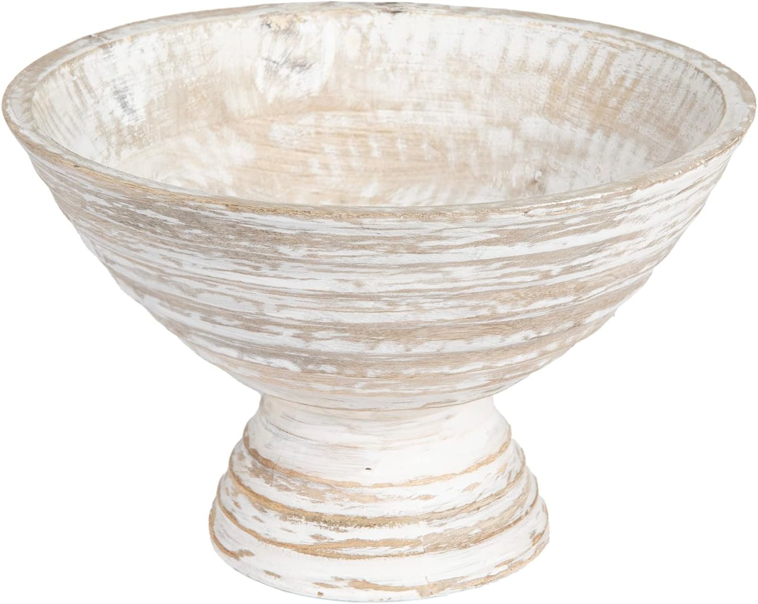 Creative Co-Op Boho Wood Pedestal Serving Bowl, White Wash Finish