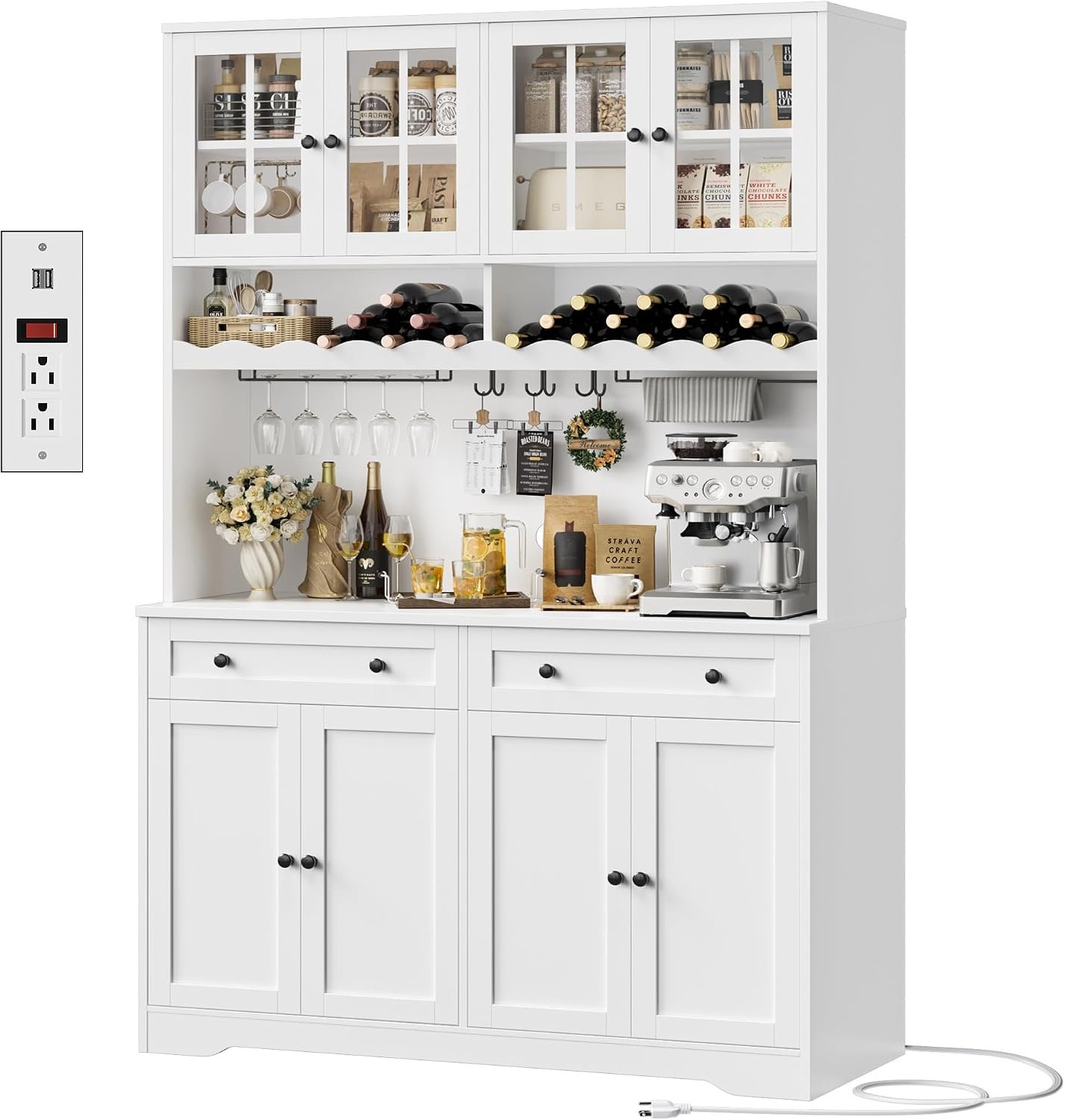 HOSTACK 75.4″ Tall Kitchen Pantry Cabinet with Charging Station, Modern White Kitchen Hutch with Microwave Stand and Wine Racks, Large Food Pantry Storage Cabinet with Glass Doors and Drawers, White