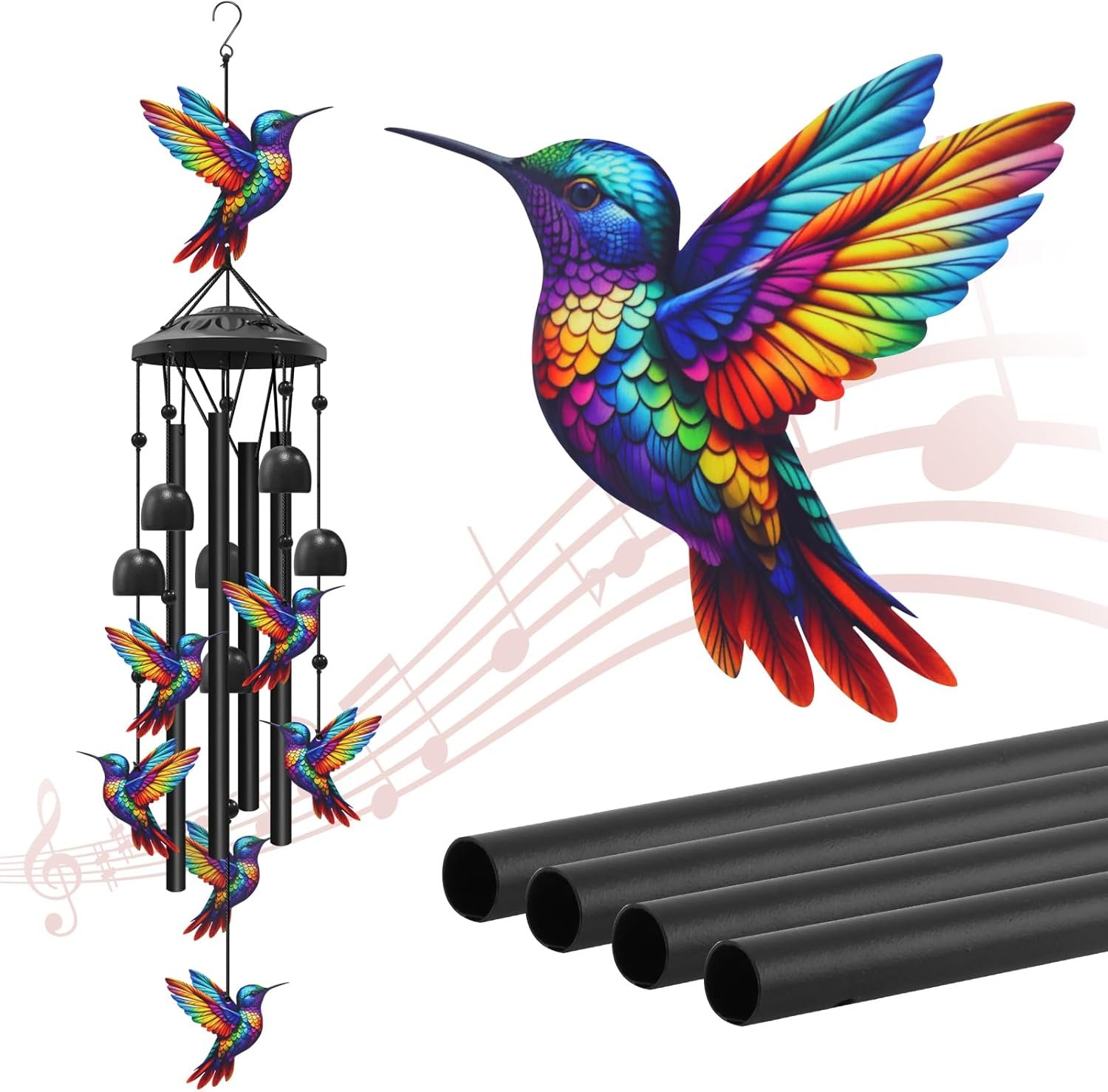 Hummingbird Wind Chimes for Outside, Black Metal Windchimes Outdoors, Hummingbirds Gifts for Women/Men, Garden/Yard Decor, Memorial/Birthday Gifts for Grandma/Mom, Durable Chimes for Outdoors