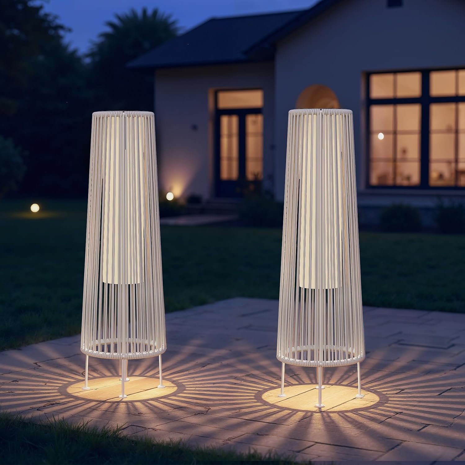 Grand patio Outdoor Floor Solar Light 2-Pack, Wicker Solar Patio Lamp Waterproof Outside Deck Lamp for Porch, Yard, Garden, Lawn Decorations – White, Gordes 2 PCS
