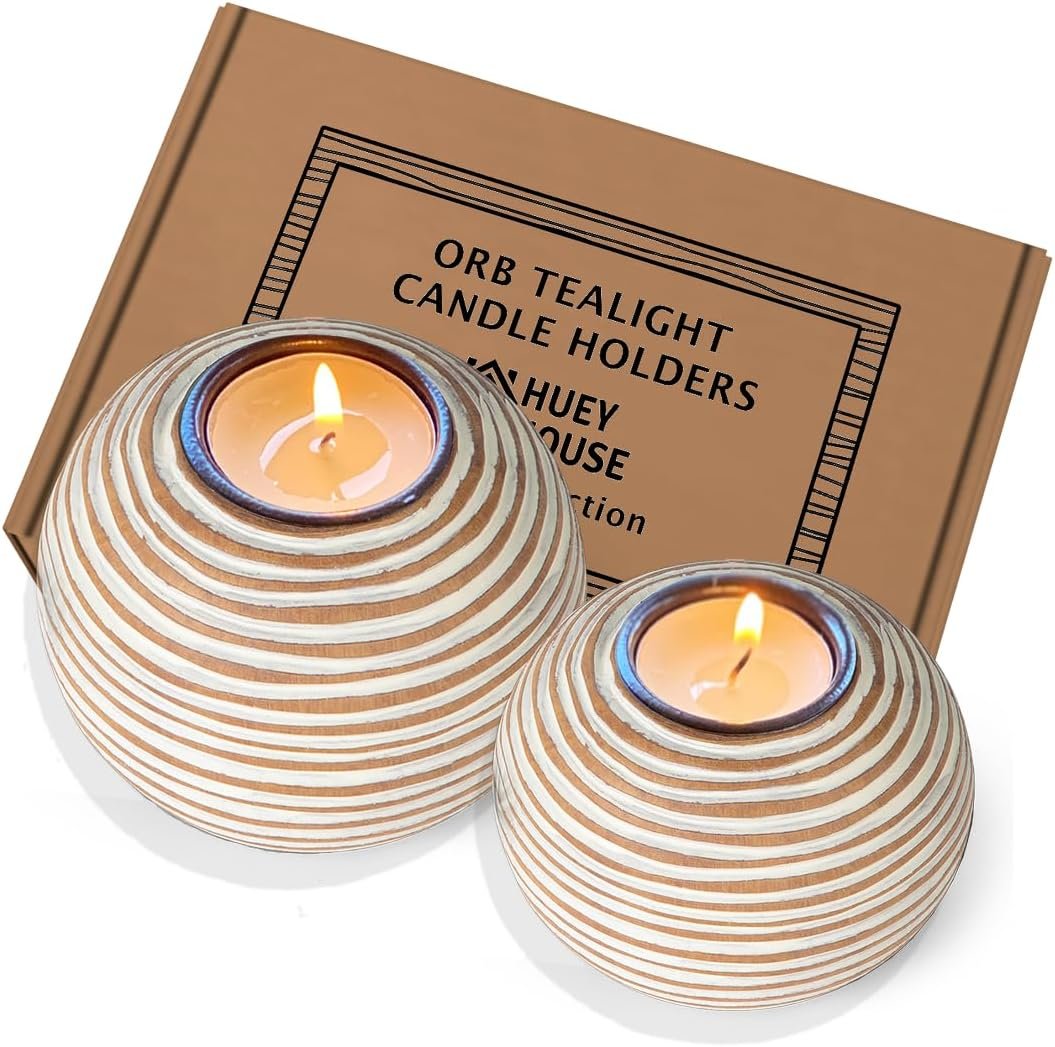 Tuva Brown Orb Tea Light Candle Holders, Gift Boxed Set of 2 | Orb candle holders for coffee table, dining centerpiece, mantel, kitchen; natural brown and white, calm zen neutral