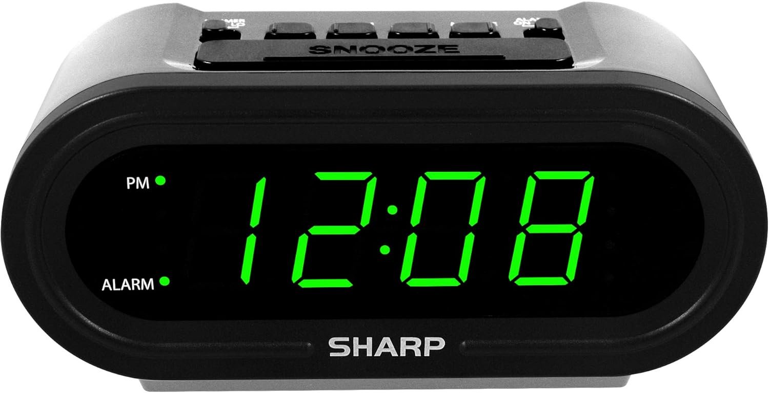 Sharp AccuSet Automatic Smart Alarm Clock – Self-Setting Digital Clock, Auto Time & DST Adjustment, Easy-Read Green LED Display, Battery Backup, Simple Plug-and-Play Clock for Seniors & Bedrooms