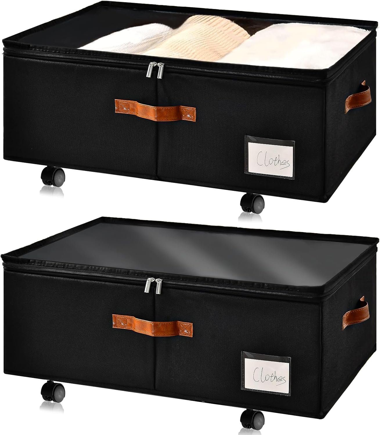 Freebat Under Bed Storage Organizer with Wheels 2 Pack, 10 inches Height Underbed Container with Clear Lid Cover, Storage Bag Box with Visiable Window for Clothes, Bedsheet, Pillow