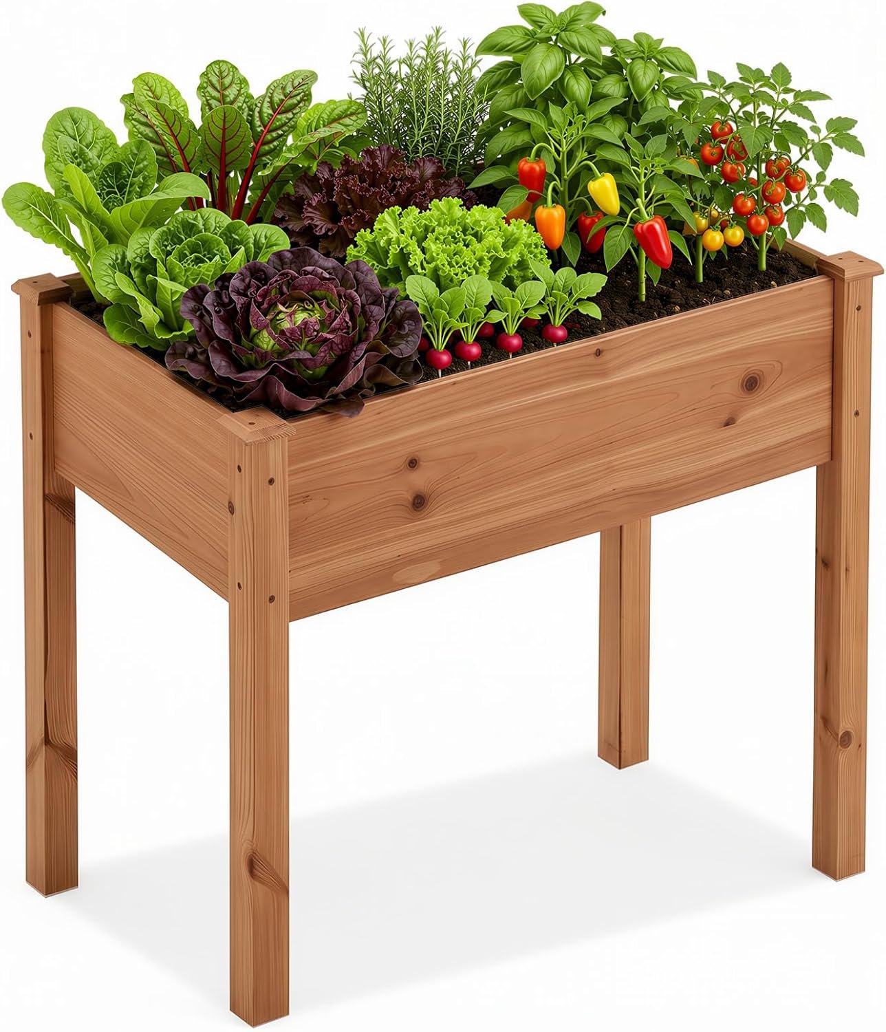 DUMOS Raised Garden Bed 34x18x30 Inch, Outdoor Planter Box with Legs, Elevated Wood Garden Bed with Liner for Herbs Flowers Vegetables, Wooden Planter Box for Patio, Balcony, Backyard, Brown