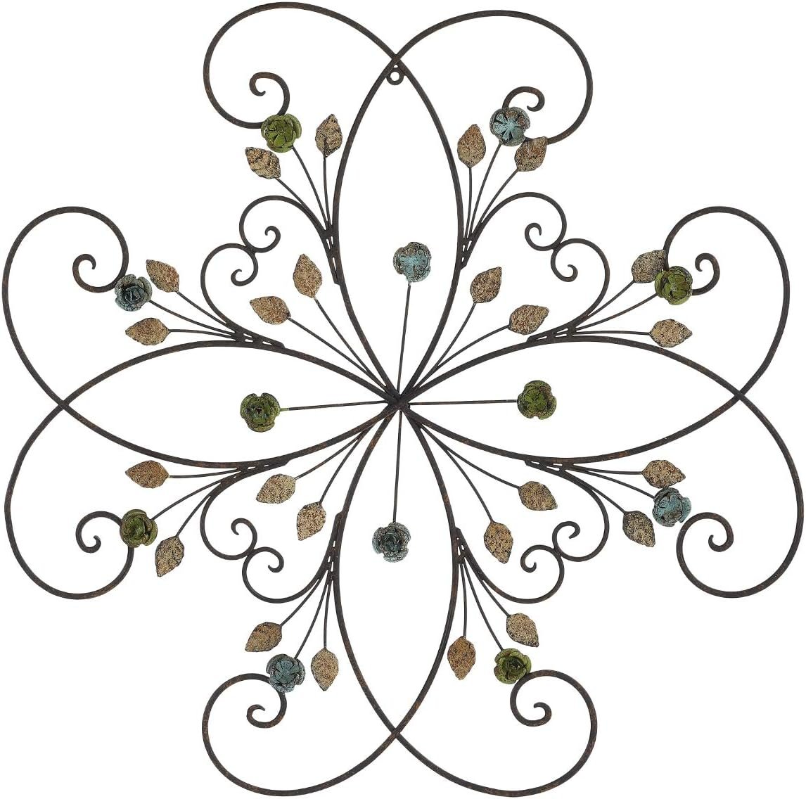 KUWIVO Lechesis 24″ Metal Flower Scroll Wall Art Decor Sculptures with Rust Leaf for Living Room Bedroom
