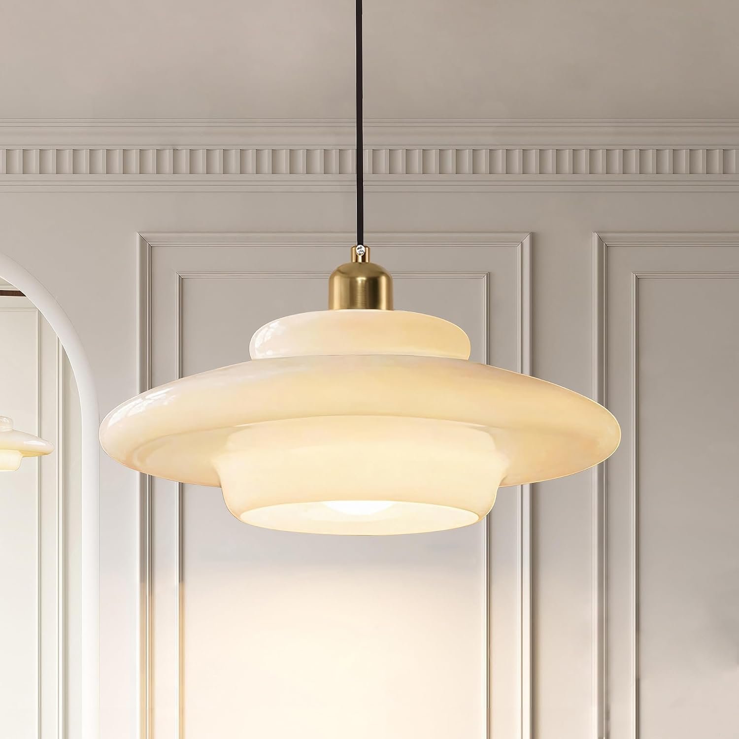 Milk Glass Pendant Light: Mid Century Modern Gold Brass Pendant Light Fixture Dining Table Bedroom – Height Adjustable White Glass Shade Hanging Lamp for Kitchen Island