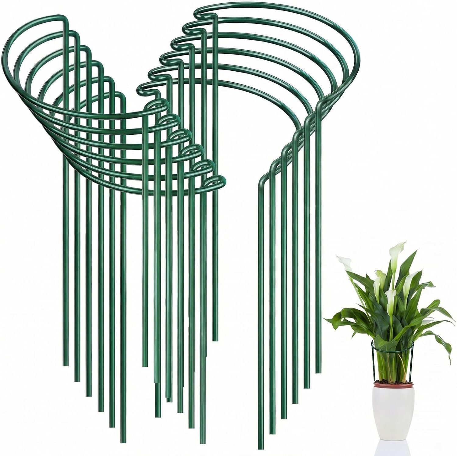 FEED GARDEN 12 Pack Plant Support Stakes, Peony Cages and Supports, Metal Garden Plant Stake(10″ Wide x 16″ High) Green Half Round Plant Support Rings for Outdoor Indoor Plants, Tomato, Hydrangea