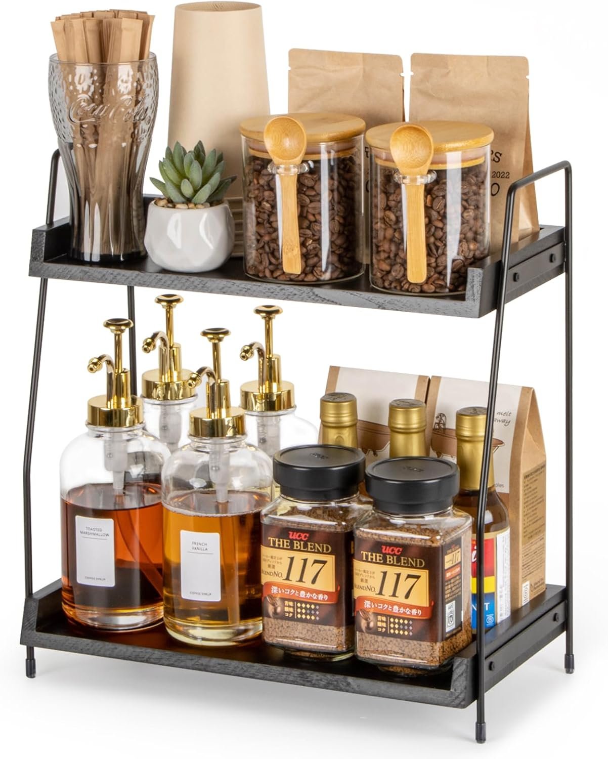 ANBOXIT 2-Tier Coffee Station Organizer, Wooden Kitchen Counter Shelf – Black