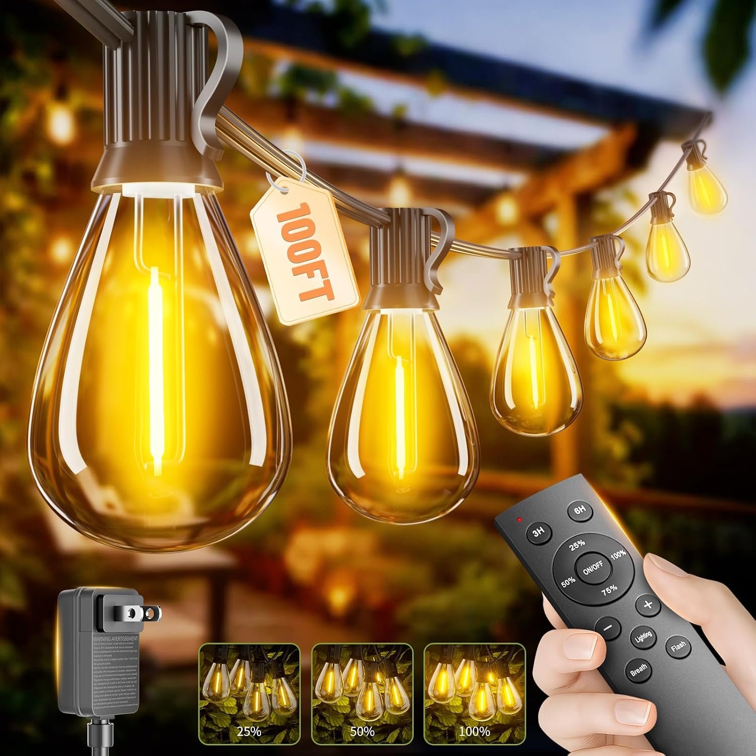 100FT LED Outdoor String Lights with Remote, One Continuous Strand Patio Lights with 35+1 Shatterproof S11 Bulbs, Dimmable 2700K Warm White, Timer & 3 Modes, Low Voltage for Backyard Garden