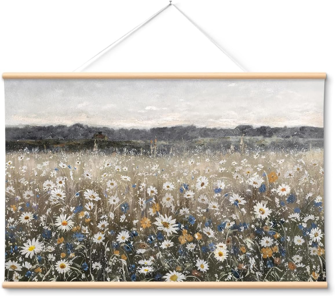 VIYYIEA Extra Large Canvas Wall Art, 36×54 Inch Vintage Wildflower Landscape, Neutral Floral Meadow Wall Decor for Living Room or Bedroom, Above Sofa