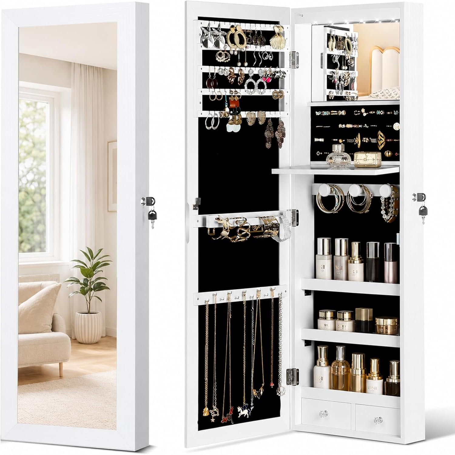 Over the Door Jewelry Organizer, Wall Mounted Jewelry Cabinet, Hanging Mirror with Storage Box, Wall/Door Mounted Full Length Mirror with LED