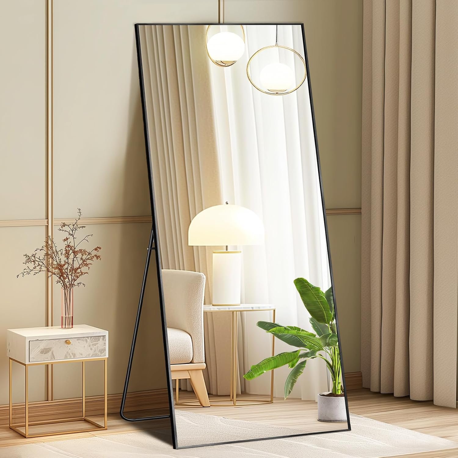 DUMOS 64″x21″ Full Length Mirror with Stand, Floor Standing Aluminum Frame, ShatterProof Nano Glass for Bedroom, Living Room, Cloakroom Modern Simple Home Decor, Can Be Hanging, Leaning or Wall, Black