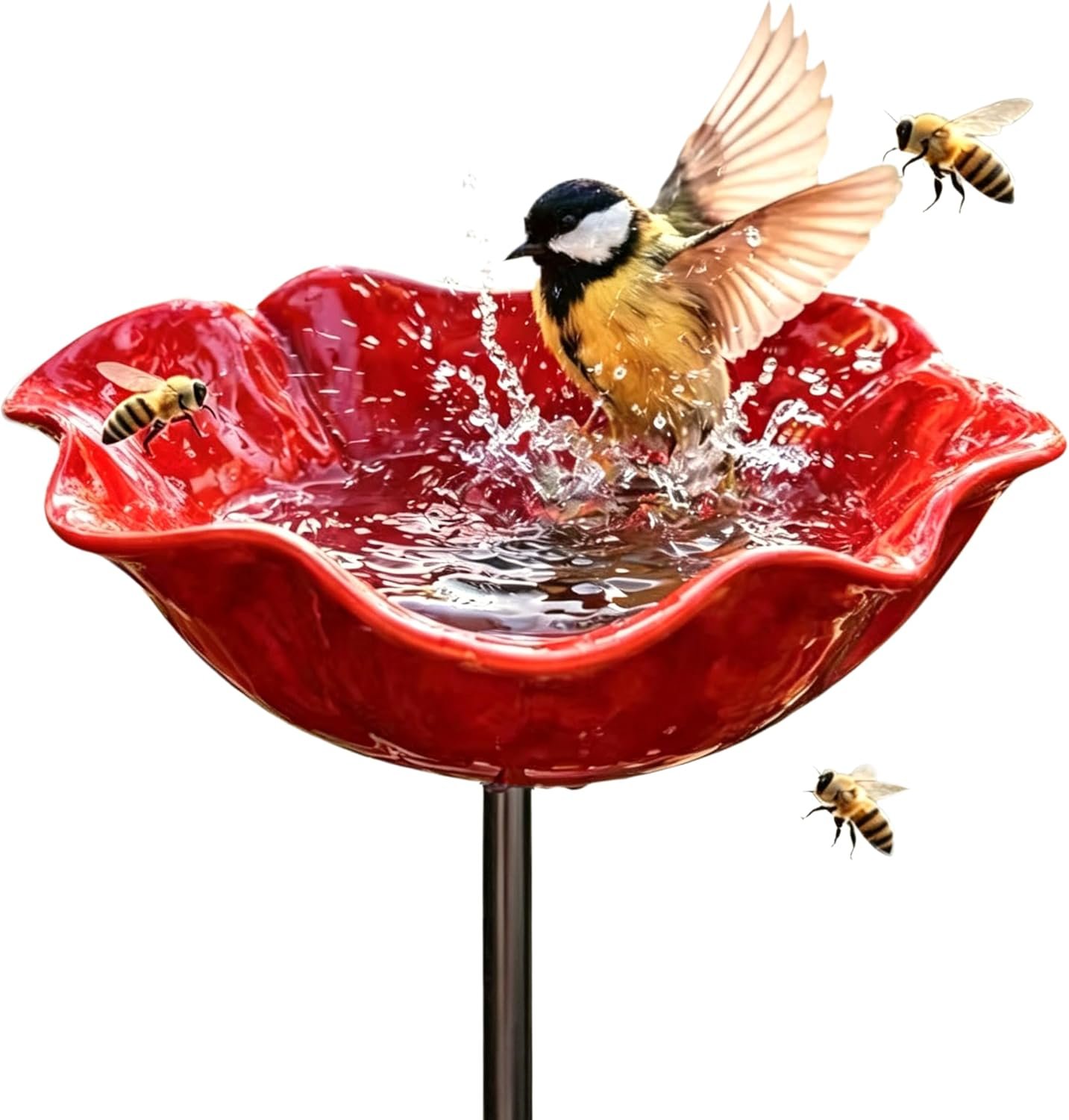Handmade Metal Flower Garden Stake Bird Bath & Bee Water Station, Floral-Shaped Outdoor Garden Decorative Art Pieces, for Garden Lawn Yard Decor
