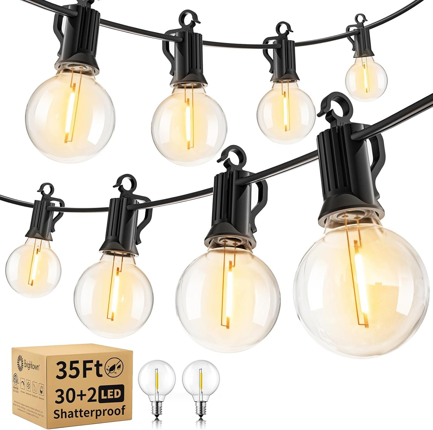 Brightown Outdoor String Lights – Waterproof Globe Patio Lights 35 Ft with 30 G40 Shatterproof LED Bulbs, Connectable Commercial Hanging Light for Backyard, Bistro, Porch, Cafe, Deck, Garden