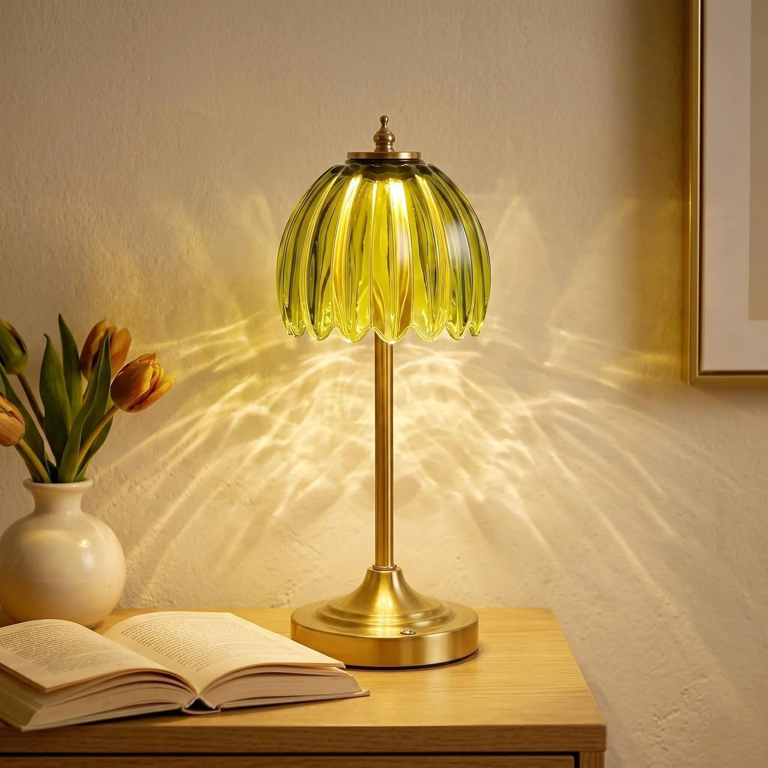 EJQ Glass Tulip Rechargeable Table Lamp, Cordless Flower Table Light -Green | Handcrafted green glass shade; aluminum base; ideal for bedroom, dining & patio; 5000mAh; 3 color temps