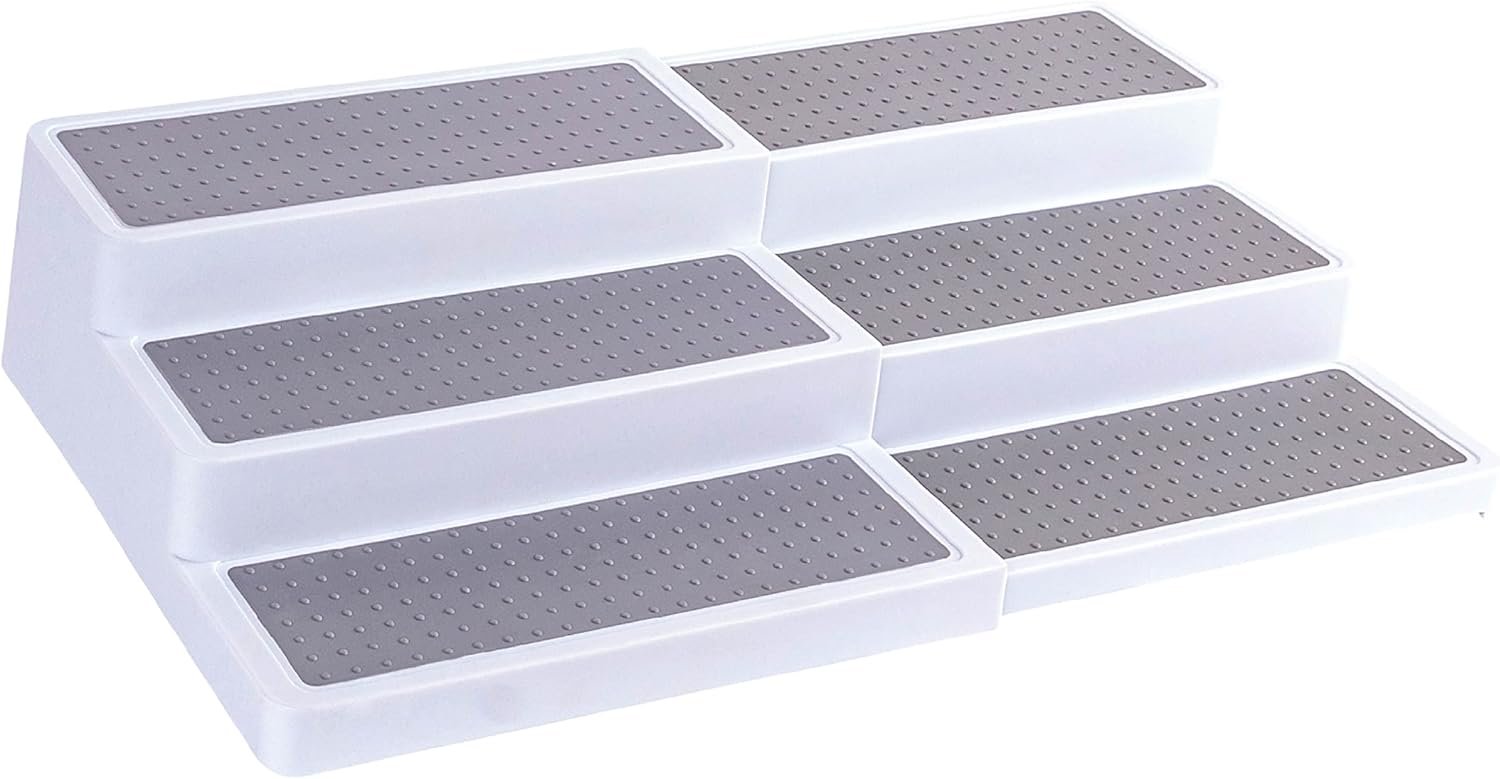 Oizeir 3–Tier Expandable Plastic Spice Rack – Adjustable Length, Stability with Non-Skid Shelf, Three Tiers for Easy Visibility, Organizer for Kitchen Cabinet, Pantry or Countertop, White/Grey