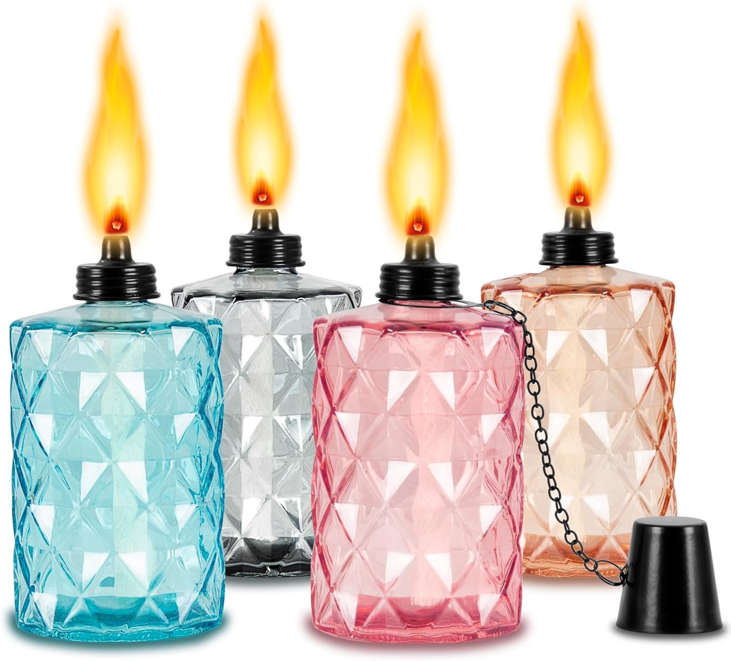 Glass Table Top Torches, 4 Pack Citronella Torches for Outside, 12oz Flame Light Torch,Refillable, Wick and Cap Included, Landscape Lanterns Torches for Garden Yard Patio Party Decor