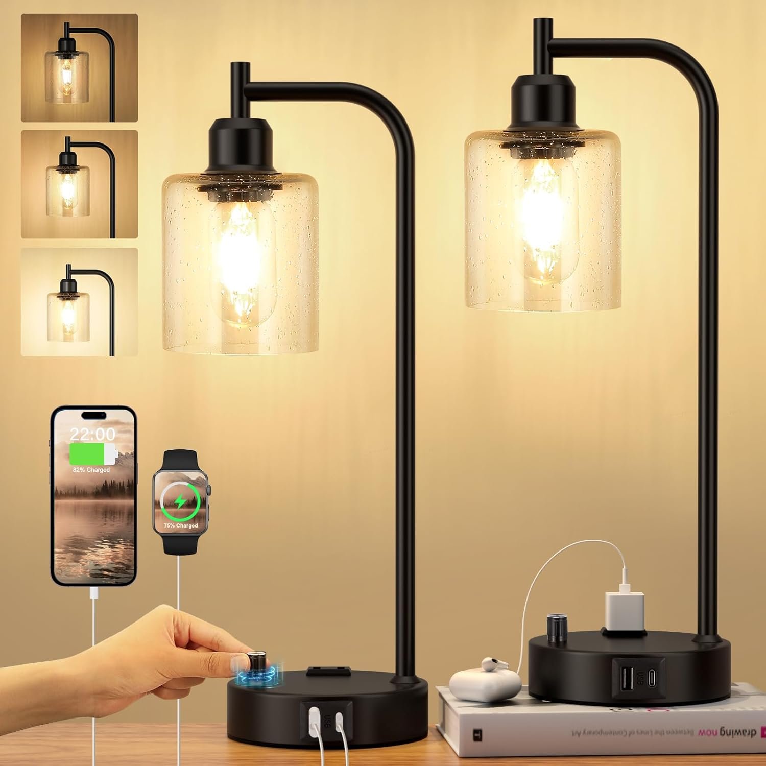 Industrial Table Lamps for Bedrooms Set of 2 – Fully Dimmable Bedside Lamps with USB A and C Ports and Outlet, Black Nightstand Lamps with Glass Shade for Living Room, Desk Lamps for Office Reading