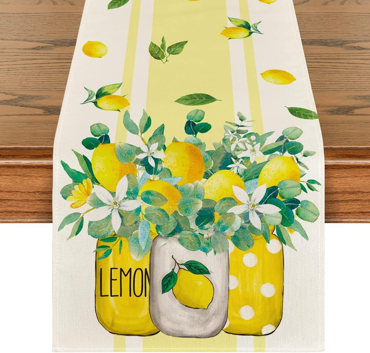 Artoid Mode Yellow Stripes Vase Lemon Summer Table Runner, Spring Kitchen Dining Table Decoration for Home Party Decor 13×72 Inch